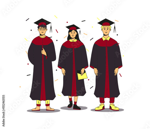 Trio of multiracial students wearing gown and cap at graduation ceremony standing on the scene with flying confetti around. Flat modern vector illustration. Full height characters.
