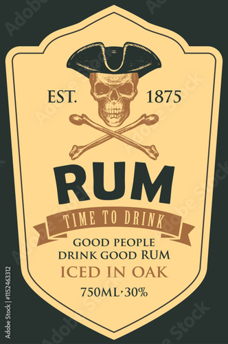 Vector label with the Captain Rum. Hand-drawn human skull in a pirate hat and crossbones on a light background with in retro style.