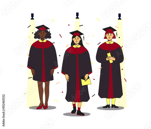 Trio of multiethnic female students wearing gown and cap at graduation ceremony standing in the spotlight on the scene. Confetti flying around. Flat modern vector illustration. Full height characters.