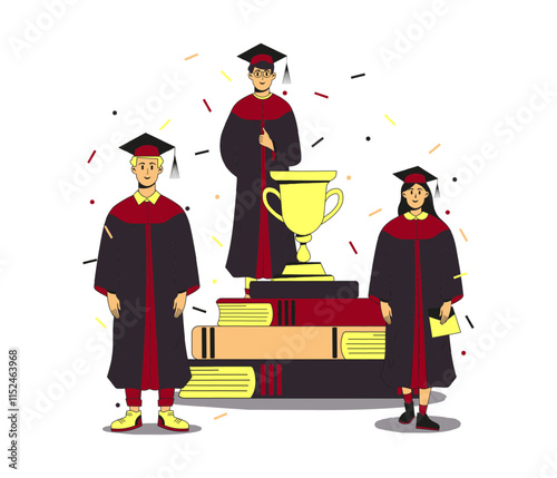 Trio of multiracial students wearing gown and cap at graduation ceremony. Golden goblet on a pile of books and confetti around. Flat modern vector illustration. Full height characters.