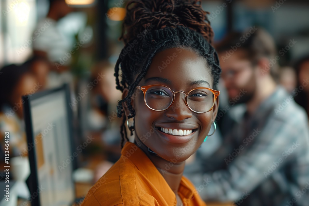 A cheerful woman with eyeglasses smiling while working in a vibrant office environment, showcasing positivity. A cheerful woman with eyeglasses smiling while working in a vibrant office environment, showcasing positivity.
