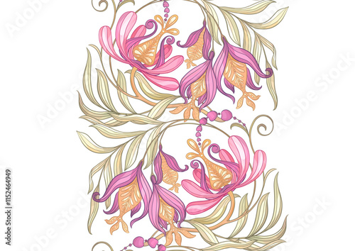 Fantasy flowers in retro, vintage, jacobean embroidery style. Seamless pattern, background. Vector illustration.