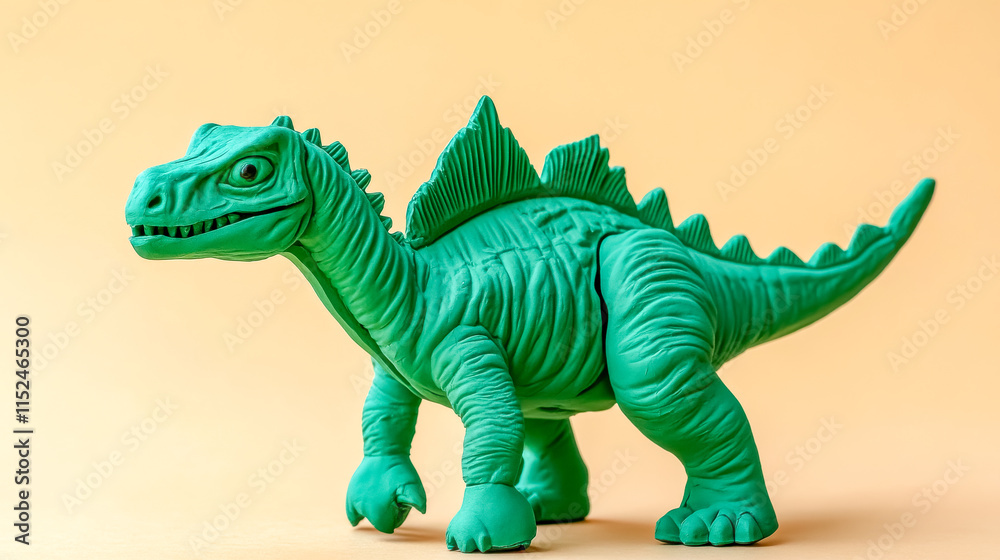 Fototapeta premium Bright green plasticine dinosaur toy walking on a yellow background