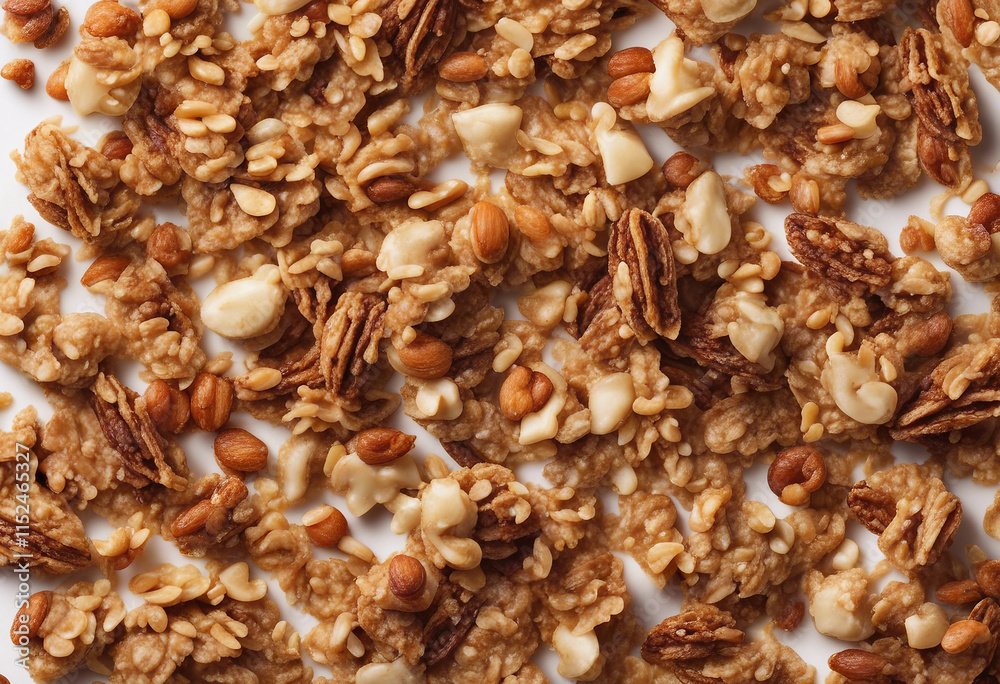 Crunchy granola muesli pile with nuts isolated on white background top view Crunchy granola muesli pile with nuts isolated on white background top view