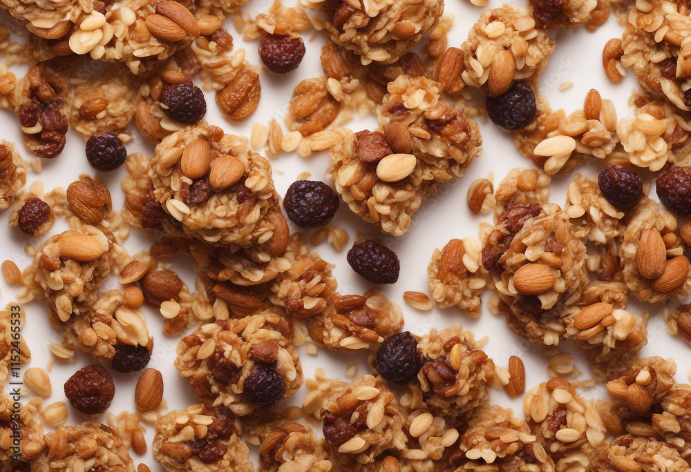 Crunchy granola muesli pile with nuts isolated on white background top view Crunchy granola muesli pile with nuts isolated on white background top view
