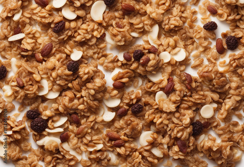 Crunchy granola muesli pile with nuts isolated on white background top view Crunchy granola muesli pile with nuts isolated on white background top view