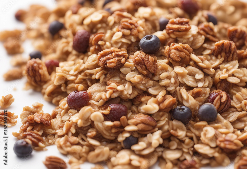Crunchy granola muesli pile with nuts isolated on white background top view