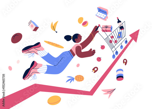 A black girl holds onto a shopping basket with goods. Rising food price inflation. The economic crisis. Depreciation of money. Vector illustration.