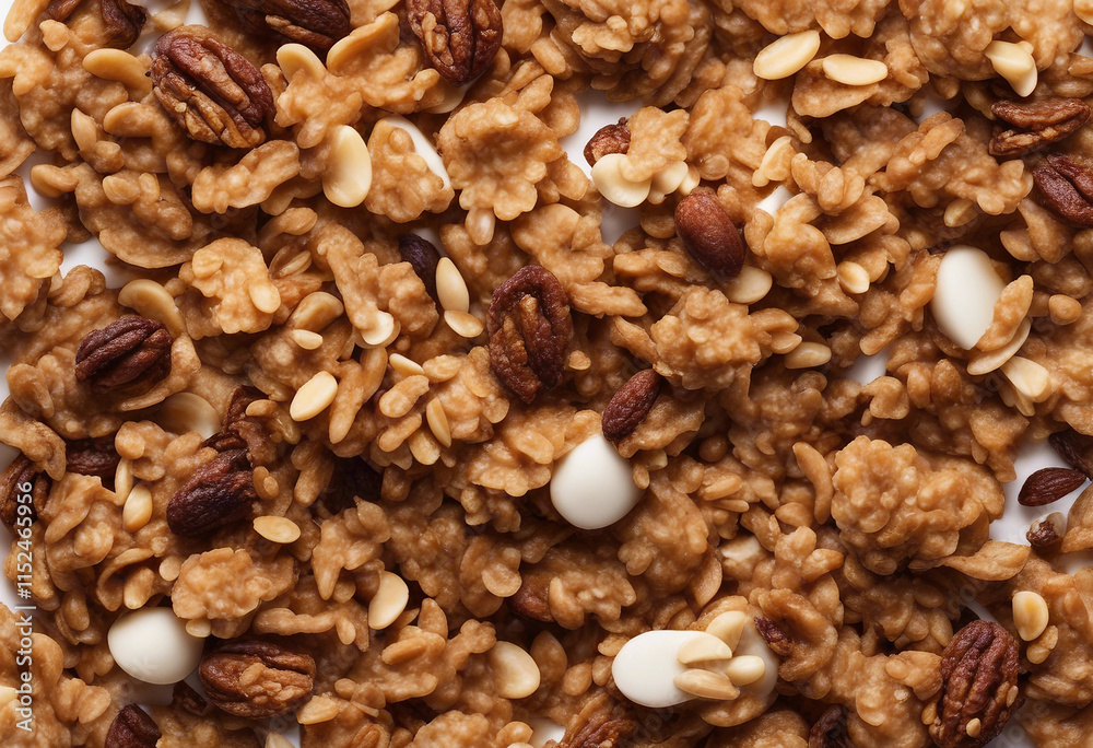Crunchy granola muesli pile with nuts isolated on white background top view Crunchy granola muesli pile with nuts isolated on white background top view