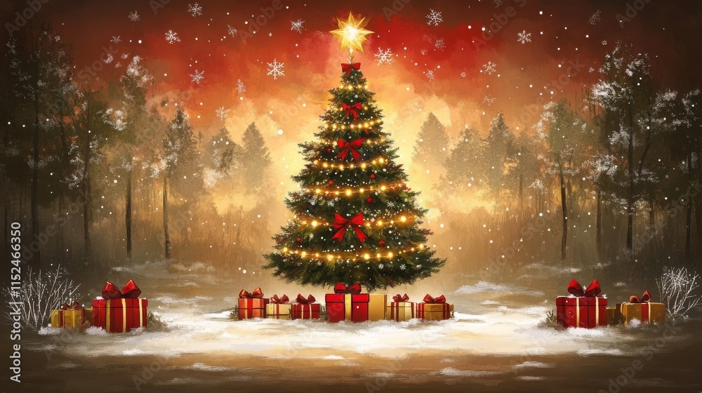 Obraz premium A majestic Christmas tree adorned with snowflakes and gifts against a red backdrop, embodying the holiday spirit.