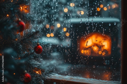 seasonal coziness, raindrops and snowflakes twirl outside a misted window while a warm fireplace crackles photo