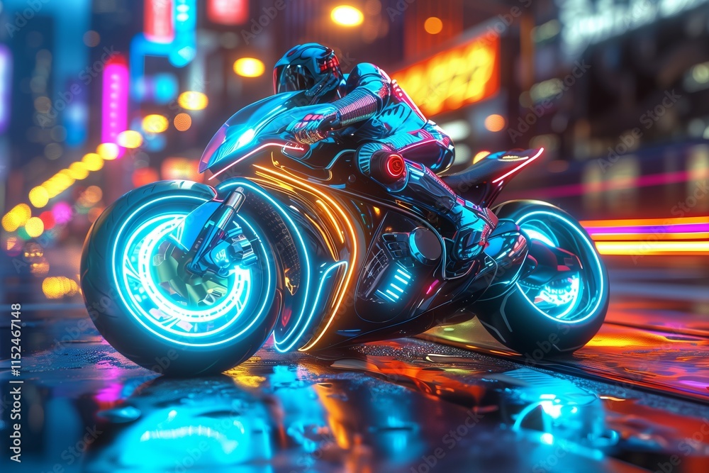 Fototapeta premium A sleek, futuristic motorcycle illuminated by neon lights, parked on a vibrant, rainy city street at night.