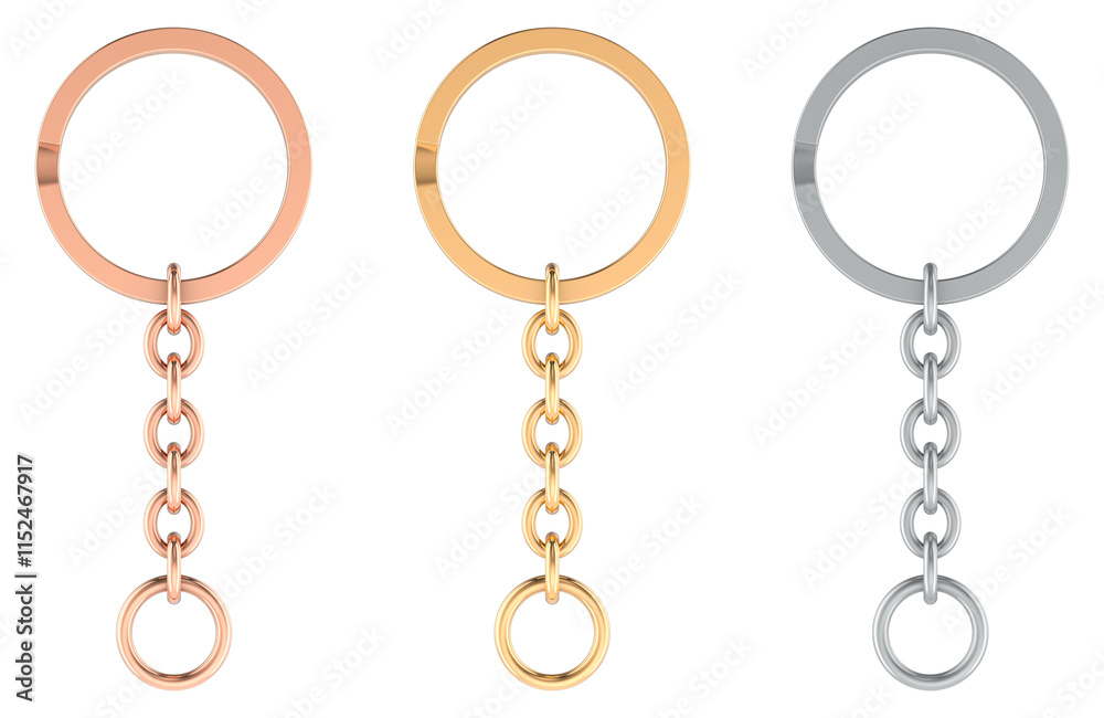 Obraz premium Split Keyrings with Chain Keychain Ring, Silver, golden and copper colors. 3D rendering isolated on transparent background