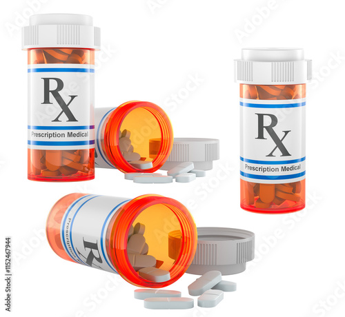 Medical bottles with drugs and spilling out of pill bottle. 3D rendering isolated on transparent background