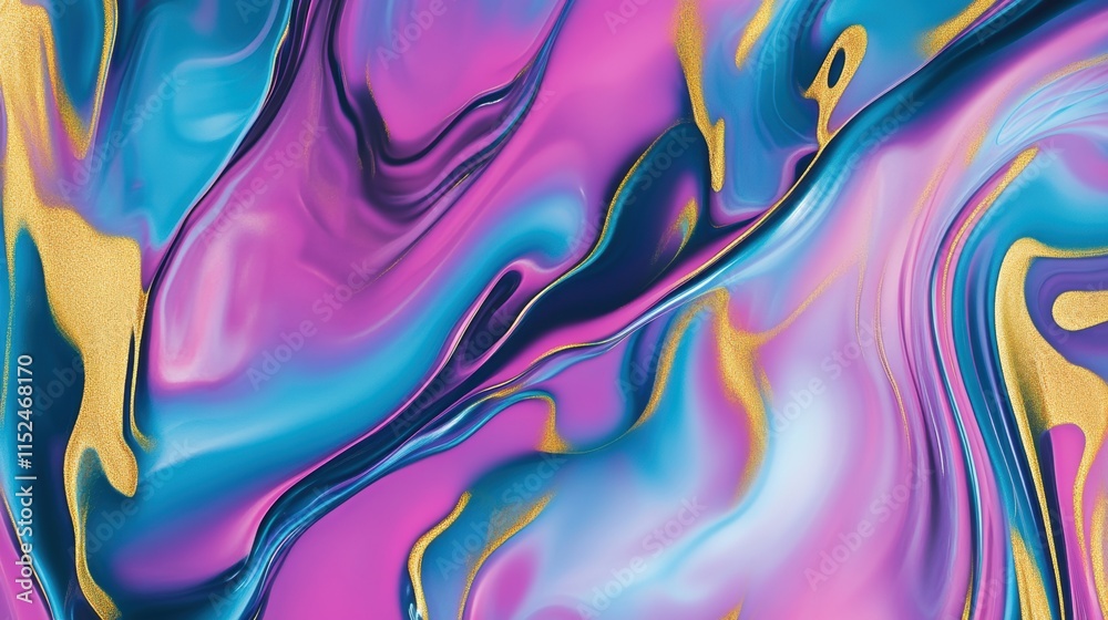 Obraz premium Abstract fluid art design with vibrant swirling patterns in magenta, cyan, and gold tones, featuring glossy textures, seamless gradients, and dynamic movement for a modern aesthetic. Background