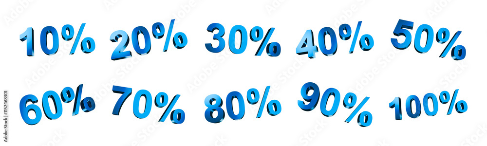 Graphic resources blue metallic percentage from 10% to 100%. Concept: Symbol, percentage, metallic.