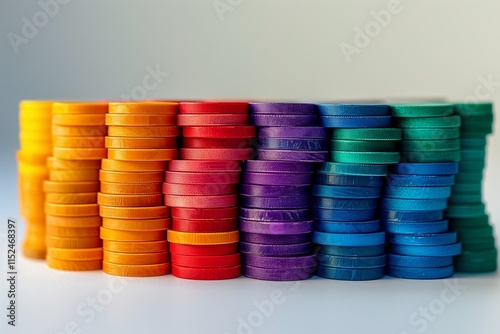 A vibrant collection of colorful game tokens stacked neatly in various hues, perfect for gaming themes. photo