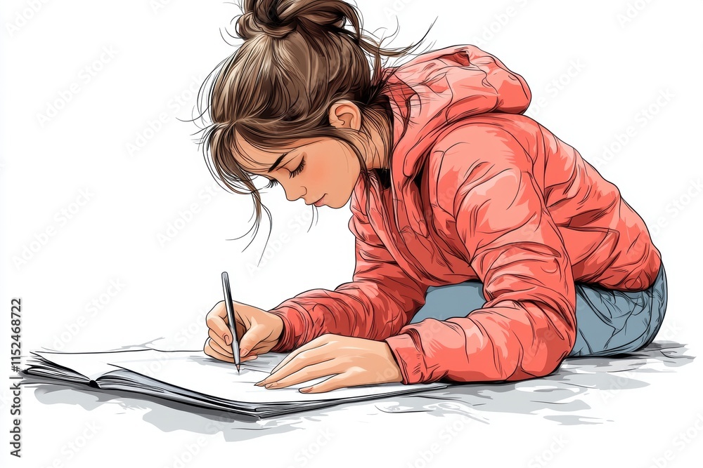 A digital illustration of a young girl sketching on the floor in a cozy indoor setting. Her orange jacket contrasts with the white background, highlighting her focus. A digital illustration of a young girl sketching on the floor in a cozy indoor setting. Her orange jacket contrasts with the white background, highlighting her focus.