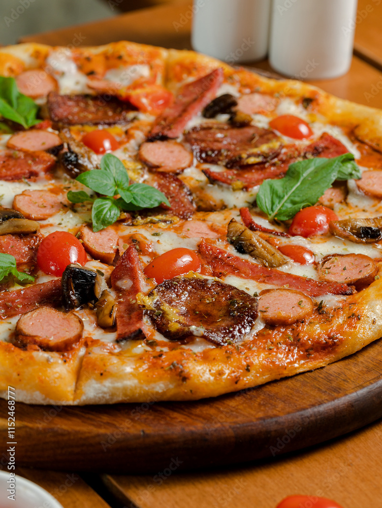 Delicious pizza on tray isolated Delicious pizza on tray isolated