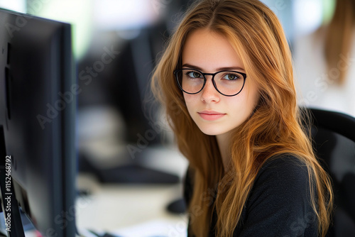 Free Download Jeune femme d'affaire rousse devant un écran de bureau - GFXLoad