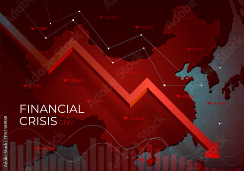 Financial chart with a red falling trend line against China, symbolizing the market downturn and financial crisis. Recession in the economy. Decline in macro-economic indicators. Vector illustration.