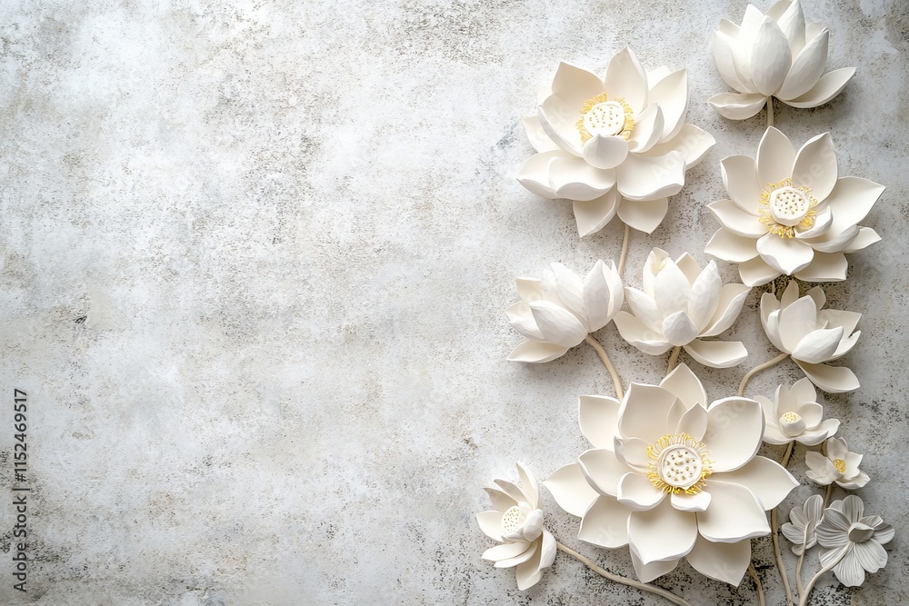 Displayed on three canvas paintings, a lone freesia in bloom is framed by substantial stucco molding and a concrete wall accented with pewter leaf designs. Displayed on three canvas paintings, a lone freesia in bloom is framed by substantial stucco molding and a concrete wall accented with pewter leaf designs.