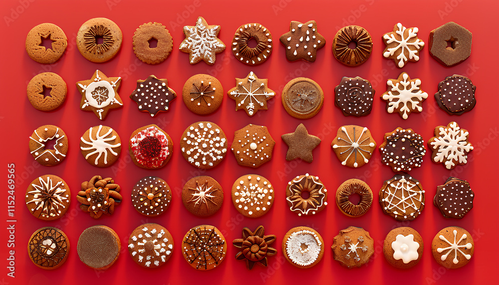 Fototapeta premium Different Christmas gingerbread cookies on red background, flat lay