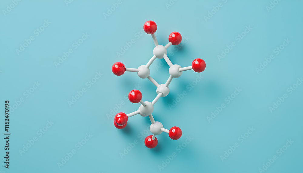 Molecule of phenylalanine on light blue background, top view. Chemical model Molecule of phenylalanine on light blue background, top view. Chemical model