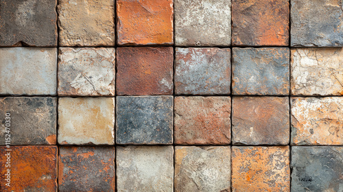 Rustic textured square tiles in earthy tones with natural weathered patterns and rough surfaces