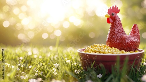 A near view of a hen eating chicken feed, excellent for projects involving agriculture, poultry farming, or animal nutrition. photo