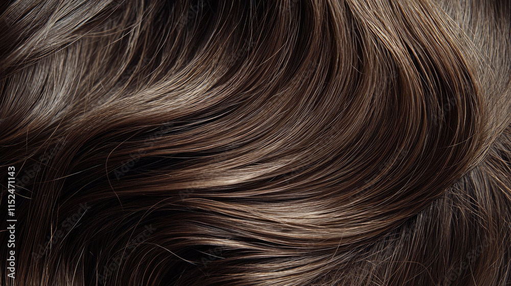 Close-up of shiny brown hair with smooth texture and natural waves Close-up of shiny brown hair with smooth texture and natural waves