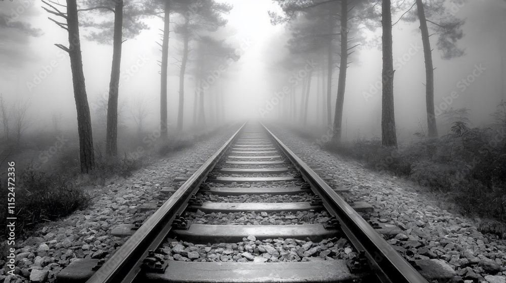 Fototapeta premium Monochrome railroad tracks vanishing into foggy forest.