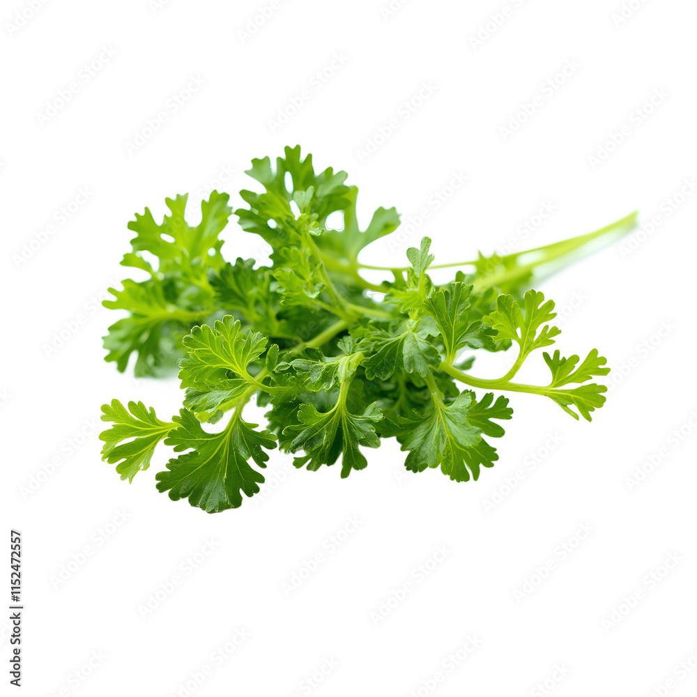 Bright green cilantro sprigs are freshly arranged on a plain white background, highlighting their delicate leaves and stems ideal for garnishing dishes, isolated on transparent background Bright green cilantro sprigs are freshly arranged on a plain white background, highlighting their delicate leaves and stems ideal for garnishing dishes, isolated on transparent background