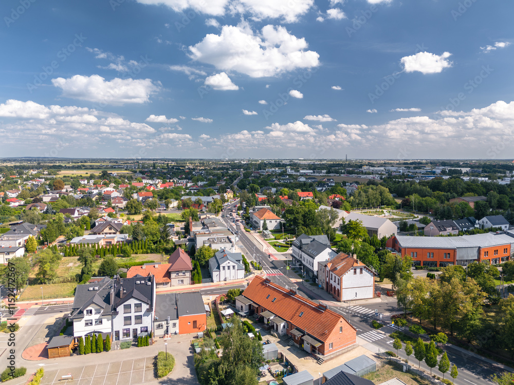 Summer skyline cityscape of Tarnowo Podgórne, Poznań County, Greater Poland Voivodeship (Wielkopolska). Aerial panoramic view.