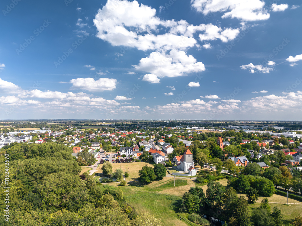 Summer skyline cityscape of Tarnowo Podgórne, Poznań County, Greater Poland Voivodeship (Wielkopolska). Aerial panoramic view.