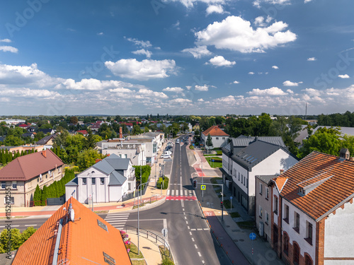 Obraz na płótnie Summer skyline cityscape of Tarnowo Podgórne, Poznań County, Greater Poland Voivodeship (Wielkopolska). Aerial panoramic view of central street w salonie