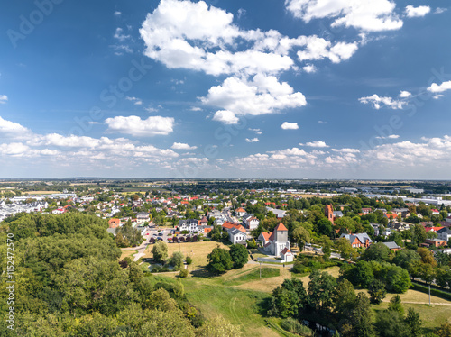 Obraz na płótnie Summer skyline cityscape of Tarnowo Podgórne, Poznań County, Greater Poland Voivodeship (Wielkopolska). Aerial panoramic view. w salonie