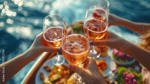 Friends toasting with ros? wine on a boat during sunset.