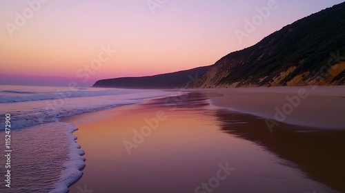 Serene sunset reflecting on a tranquil beach with gentle waves and cliffs.