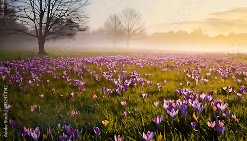 Misty autumn morning scene set in a lush field of vibrant autumn crocuses, with delicate pur photo