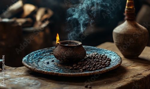 Ethiopian coffee ceremony setup with a jebena pot, incense burning and beans freshly roasted, rich tones and textures. photo