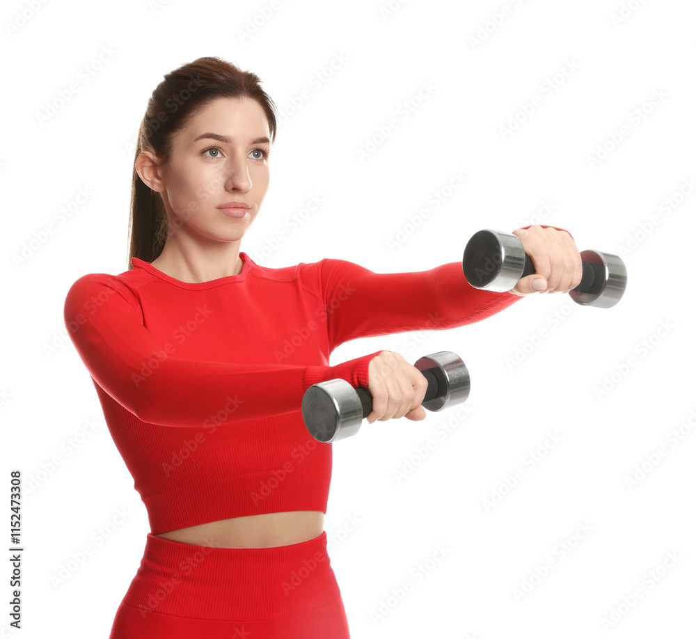 Woman in sportswear exercising with dumbbells on white background Woman in sportswear exercising with dumbbells on white background