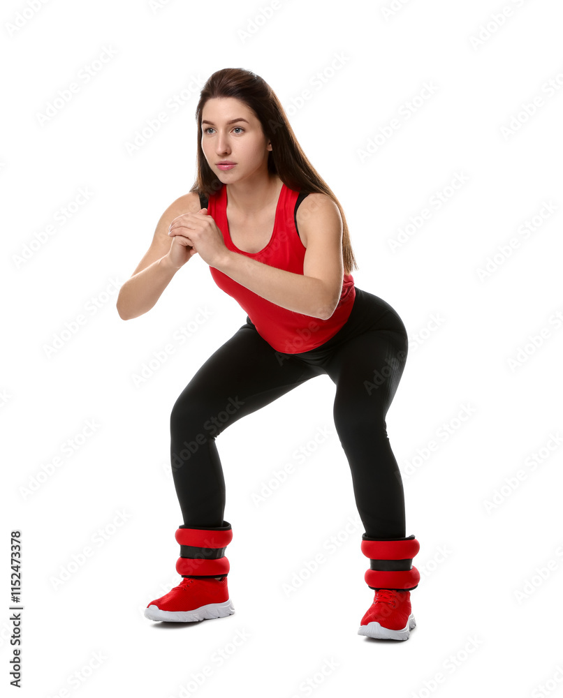 Woman in sportswear exercising with ankle weights on white background Woman in sportswear exercising with ankle weights on white background