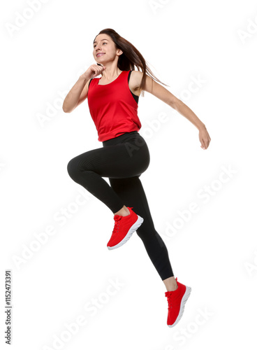 Woman in sportswear exercising on white background