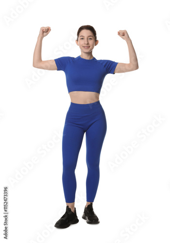 Portrait of woman in sportswear on white background