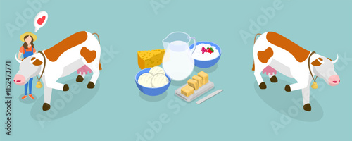 3D Isometric Flat Vector Illustration of Dairy Farm, Milk Products