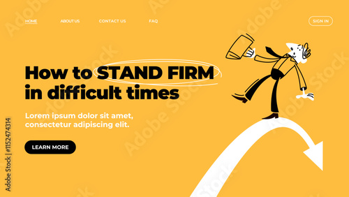 A businessman balances over a precipice standing on an arrow . Stock markets crash. Saving money.