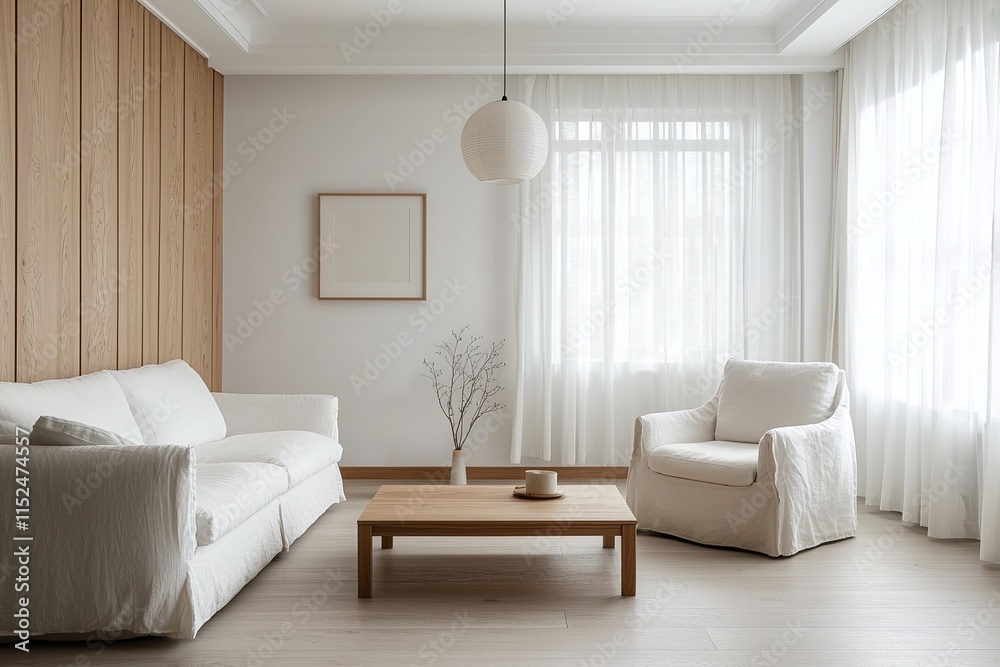 Fototapeta premium Minimalist, Scandinavian interior design in living room with white sofa and table. Generative AI 