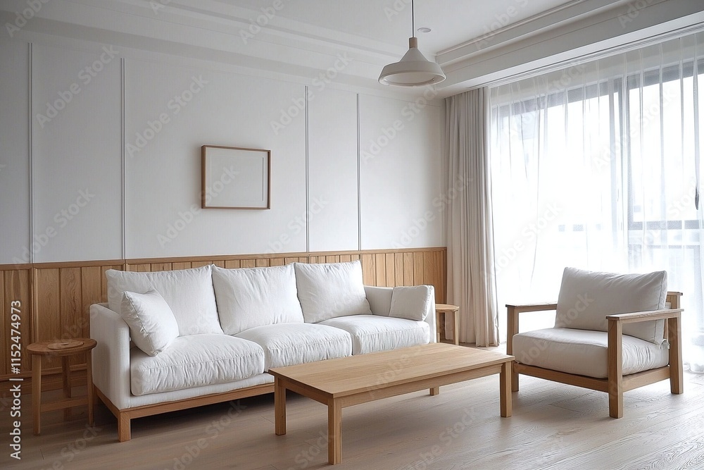 Fototapeta premium Minimalist, a Scandinavian interior design of a living room with a wood finish to parts of the wall and a white sofa and wood table. Generative AI 