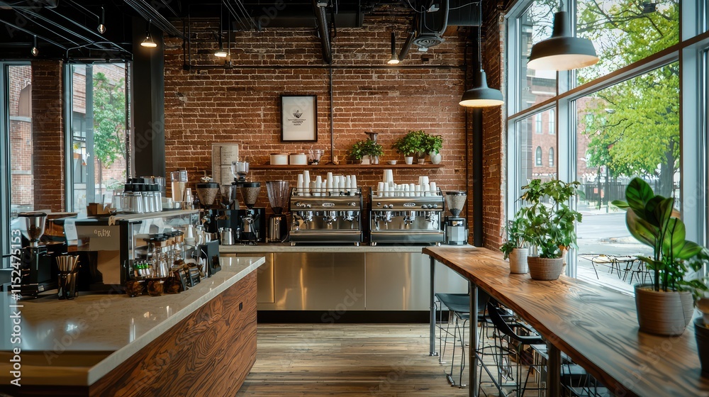 Fototapeta premium Cozy coffee shop interior with plants and rustic decor